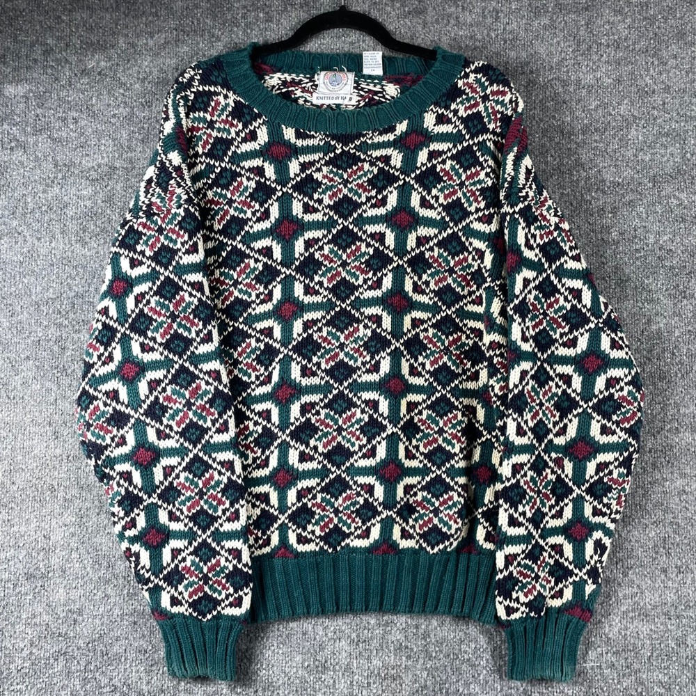 Vintage Cape Isle Knitters Sweater Mens Large Green Fair Isle Hand Knit Nordic